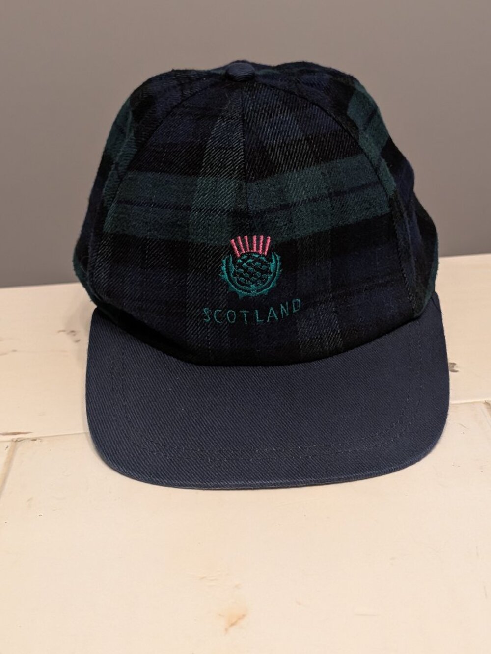 VTG 90s Scotland Blue Tartan Plaid Cap Golf Hat Thistle Products Preppy Heritage